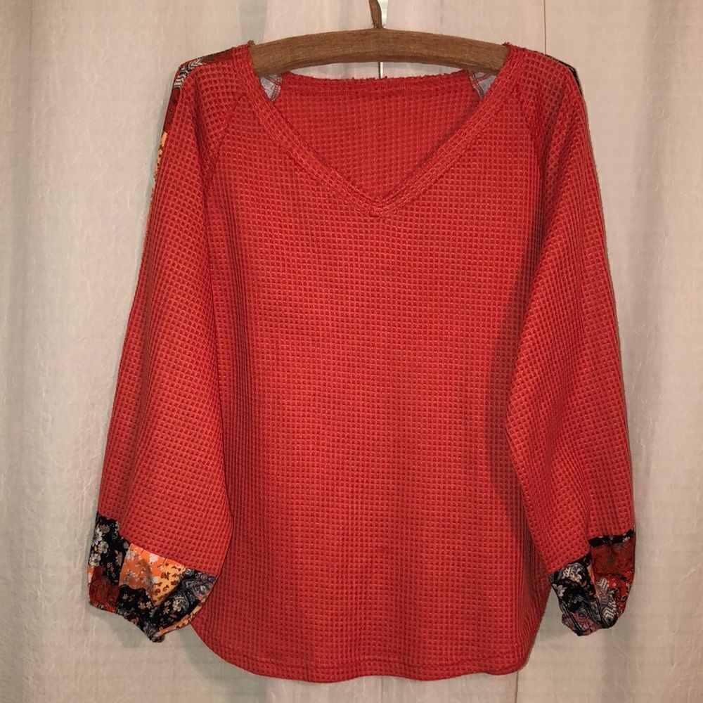 M Orange Black White Waffle Knit V Neck Long Sleeve Pullover Top Floral - Picture 4 of 14